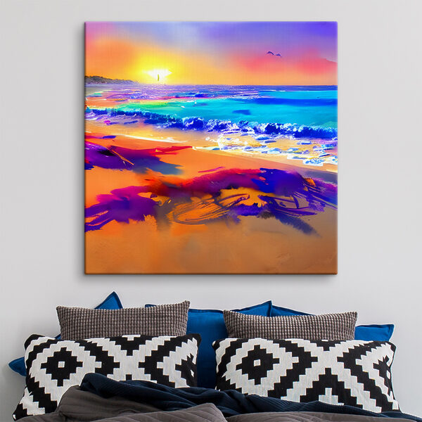 Une plage colorée avec des vagues et un coucher de soleil Une plage colorée avec des vagues et un coucher de soleil