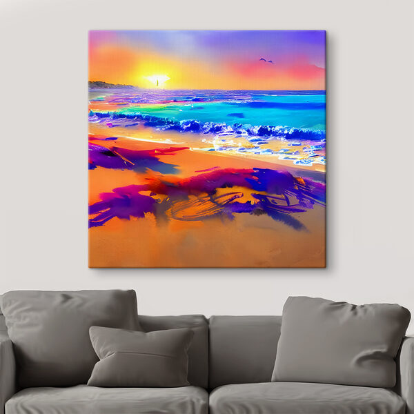 Une plage colorée avec des vagues et un coucher de soleil Une plage colorée avec des vagues et un coucher de soleil