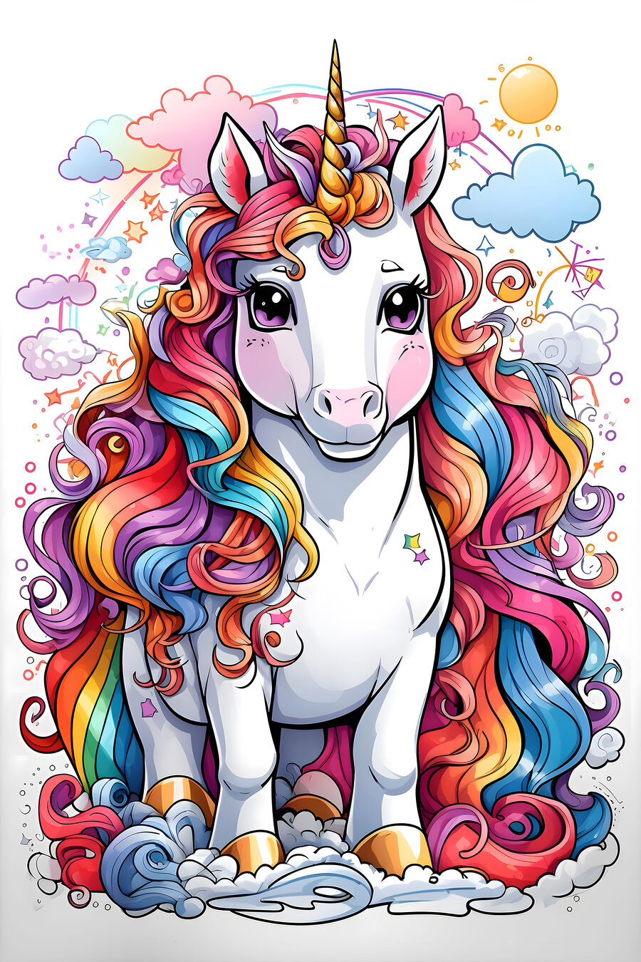 Une licorne de dessin animé avec des cheveux arc-en-ciel