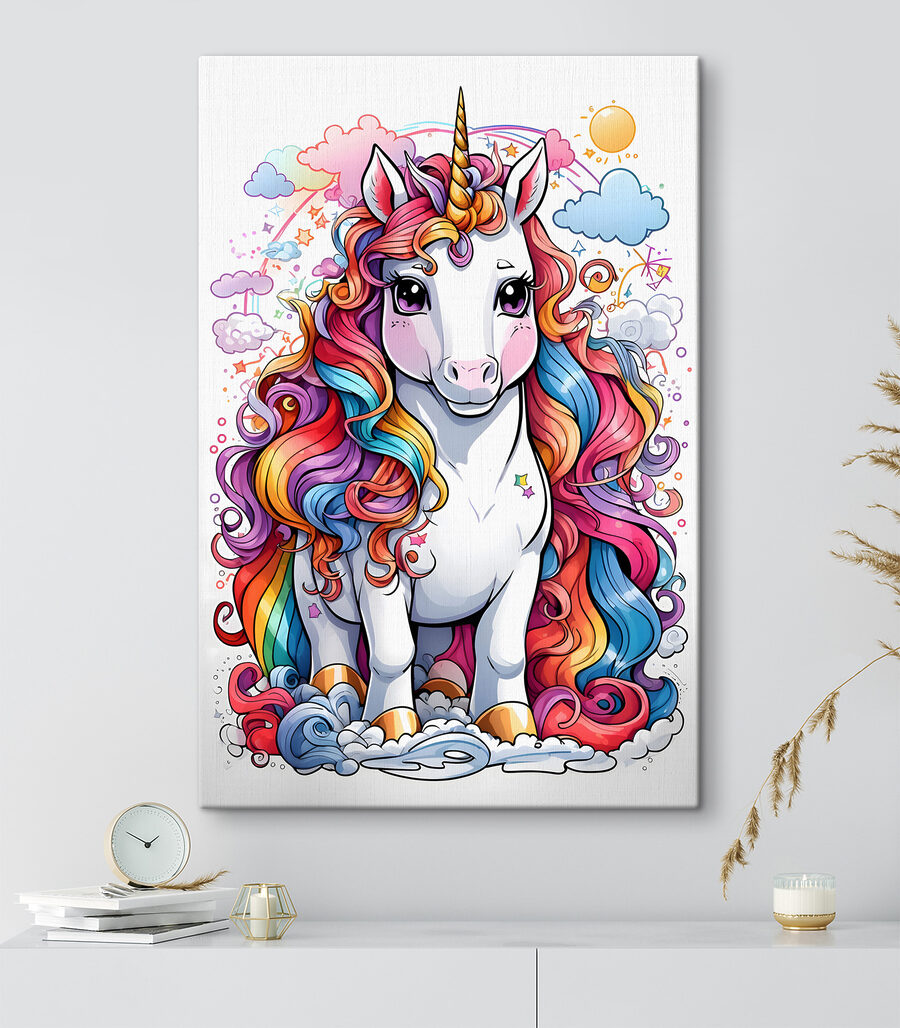 Une licorne de dessin animé avec des cheveux arc-en-ciel