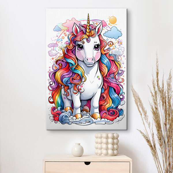 Une licorne de dessin animé avec des cheveux arc-en-ciel Une licorne de dessin animé avec des cheveux arc-en-ciel