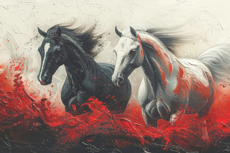 Une peinture de chevaux courant avec de la peinture rouge Une peinture de chevaux courant avec de la peinture rouge