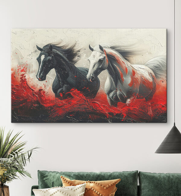 Une peinture de chevaux courant avec de la peinture rouge