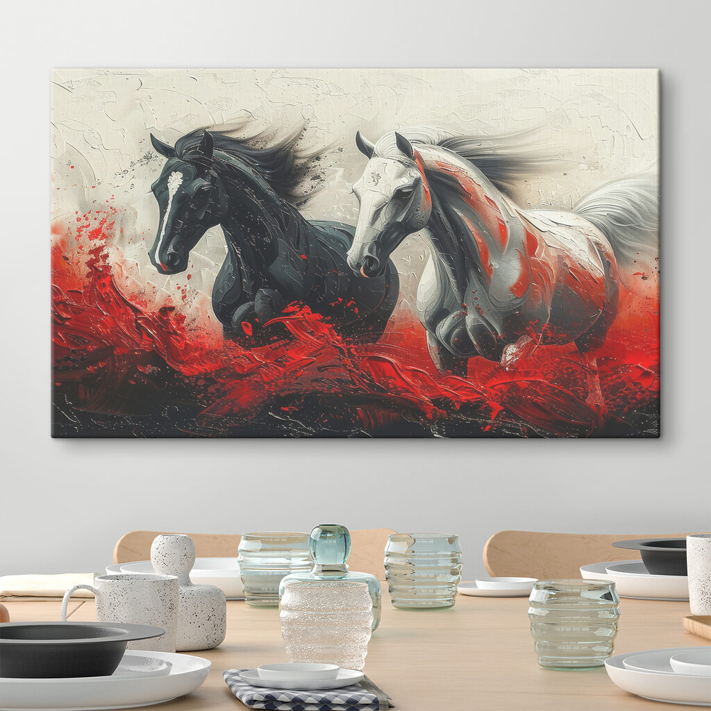 A painting of horses running with red paint