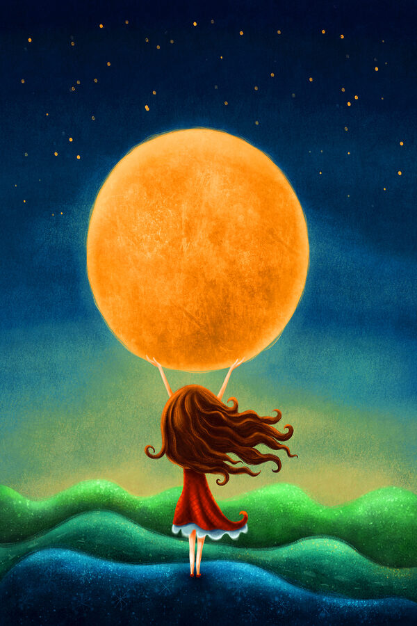 Une fille tenant une grande lune jaune Une fille tenant une grande lune jaune