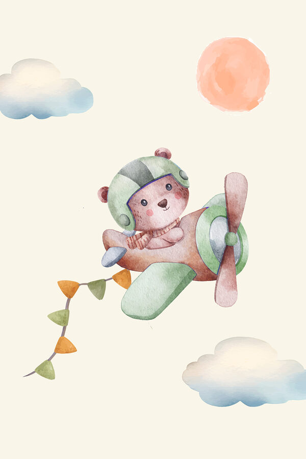 Peinture à l'aquarelle d'un ours en peluche dans un avion Peinture à l'aquarelle d'un ours en peluche dans un avion