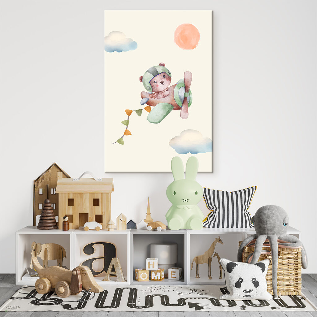 A watercolor painting of a teddy bear in a plane