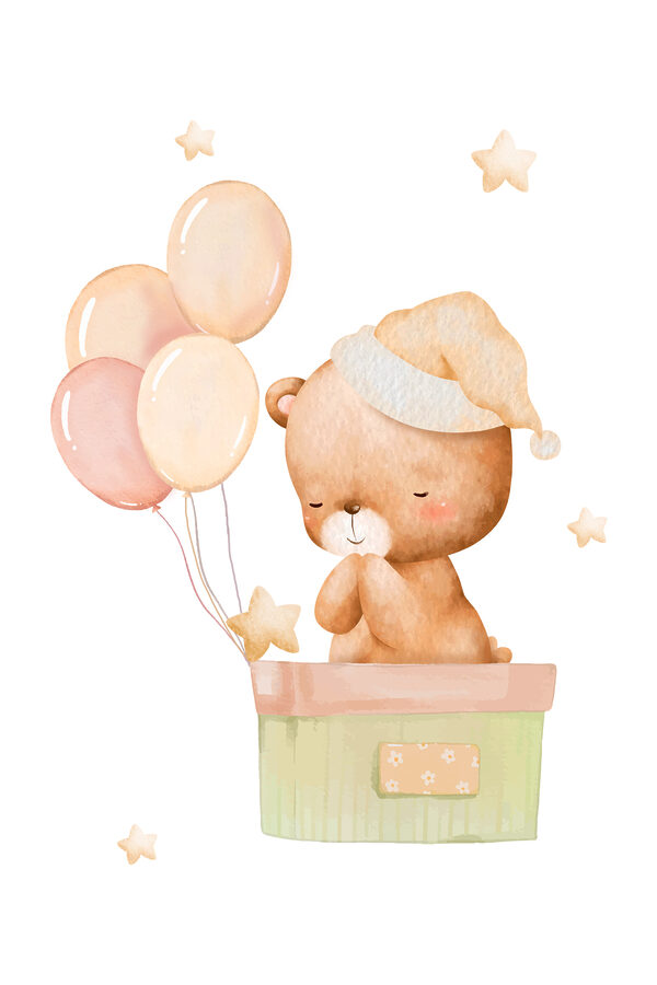 Un ours en peluche dans une boîte avec des ballons Un ours en peluche dans une boîte avec des ballons