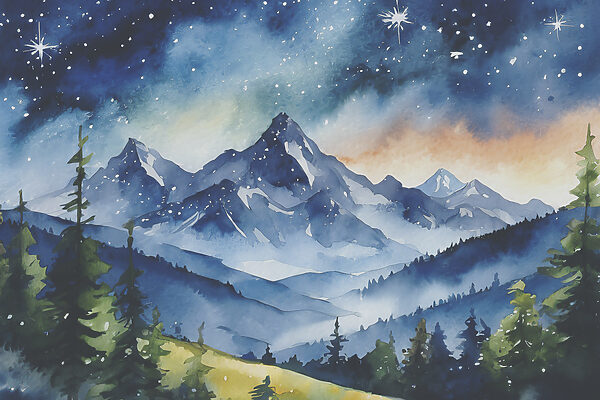 Aquarelle d'une chaîne de montagnes et d'étoiles dans le ciel Aquarelle d'une chaîne de montagnes et d'étoiles dans le ciel