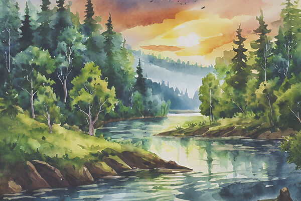 Aquarelle d'une rivière avec des arbres et des montagnes en arrière-plan Aquarelle d'une rivière avec des arbres et des montagnes en arrière-plan