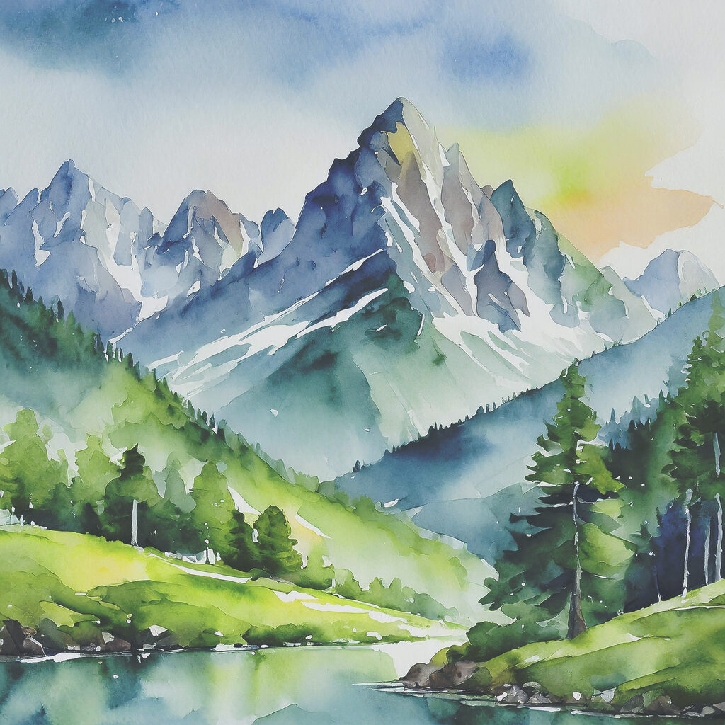 Watercolor of a mountain river and trees Watercolor of a mountain river and trees