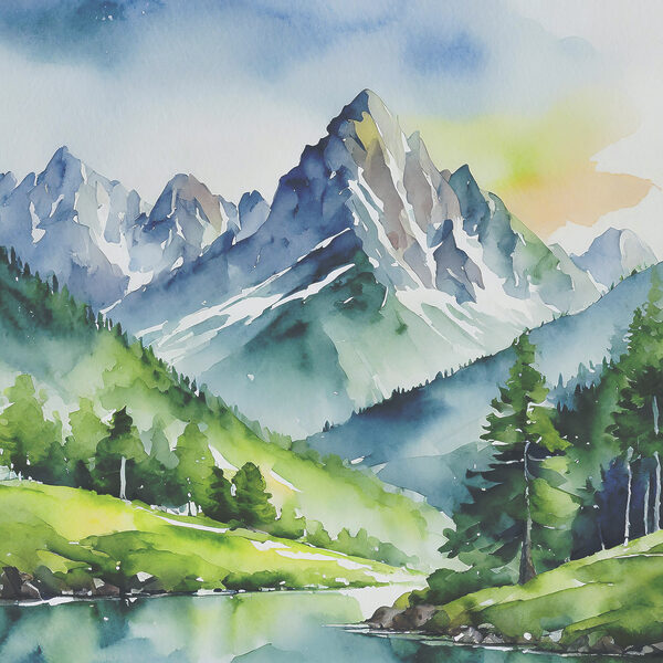 Watercolor of a mountain river and trees Watercolor of a mountain river and trees