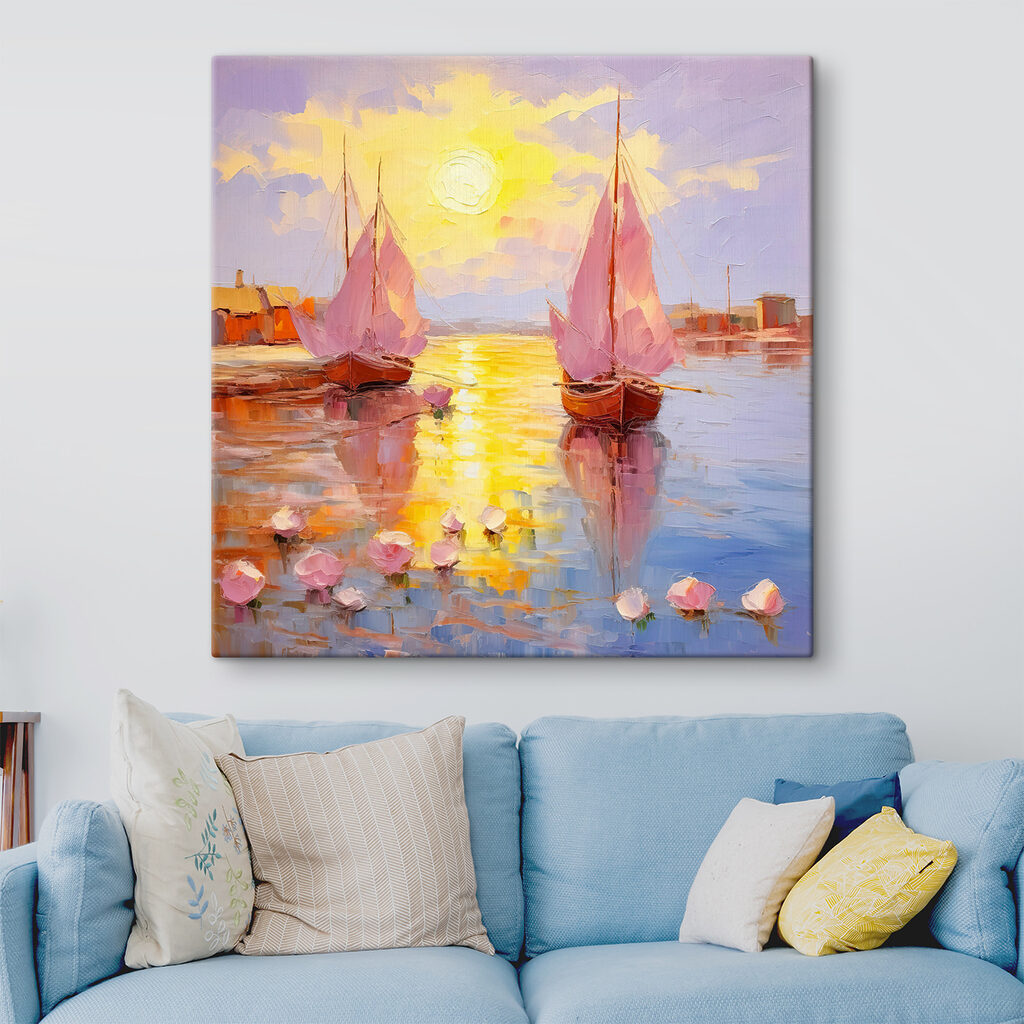 A painting of boats on water