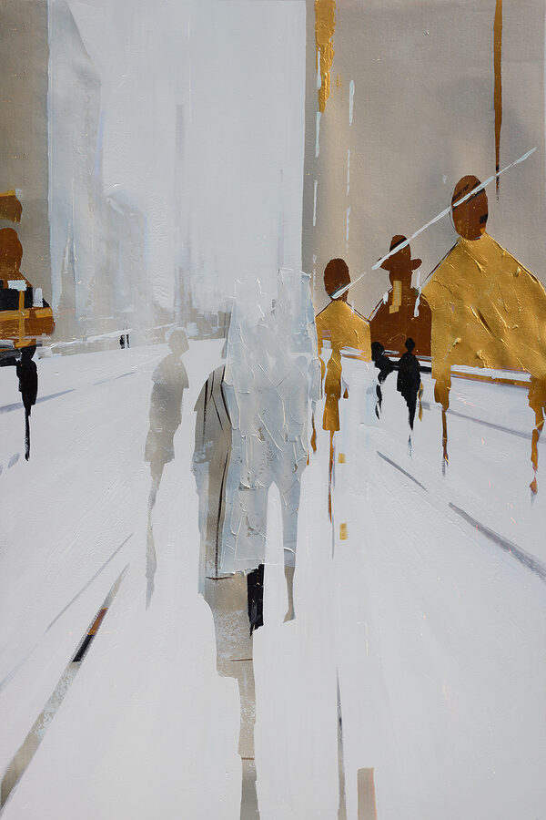 Peinture de personnes marchant dans une rue enneigée Peinture de personnes marchant dans une rue enneigée