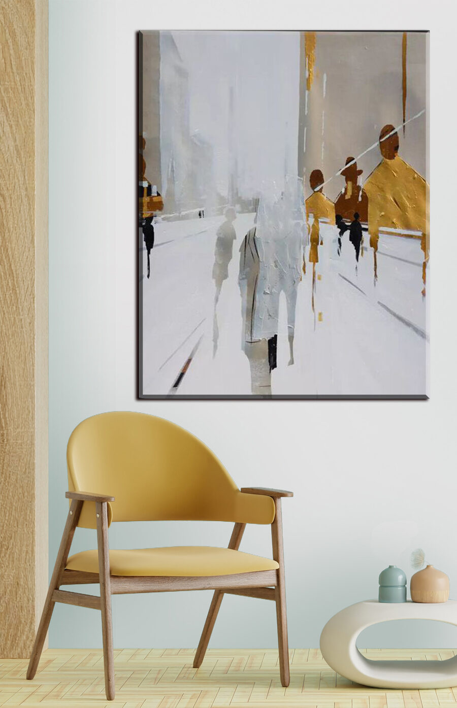 Peinture de personnes marchant dans une rue enneigée