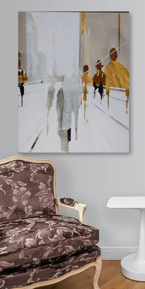 Peinture de personnes marchant dans une rue enneigée