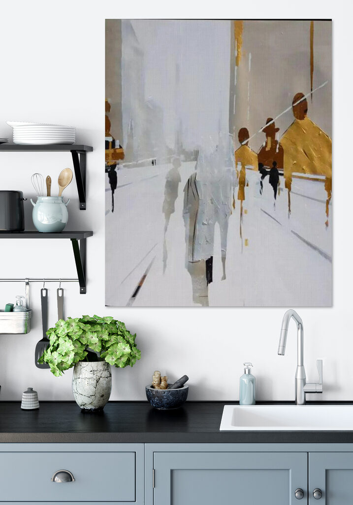 A painting of people walking on a snowy street A painting of people walking on a snowy street