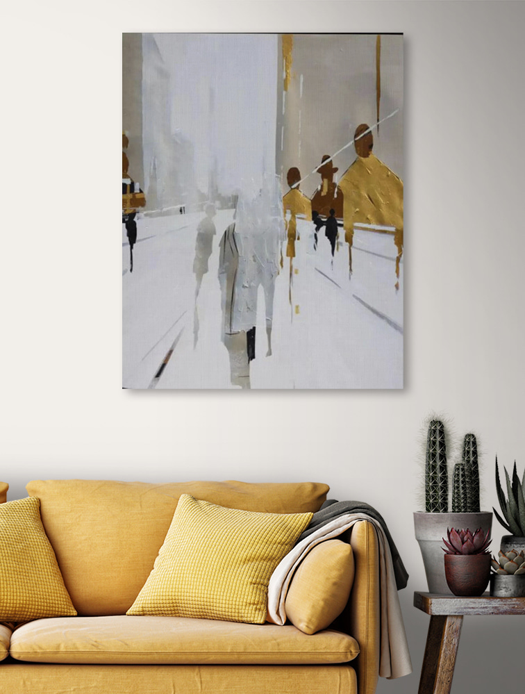 Peinture de personnes marchant dans une rue enneigée