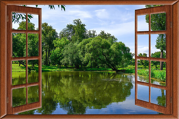 Une fenêtre avec un lac et des arbres Une fenêtre avec un lac et des arbres