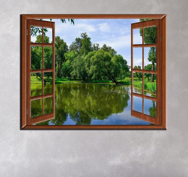 Une fenêtre avec un lac et des arbres Une fenêtre avec un lac et des arbres
