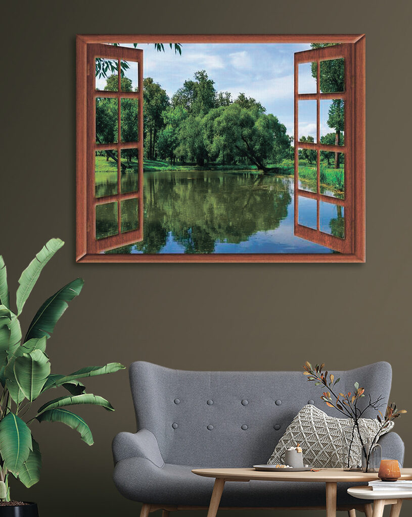 A window with a lake and trees A window with a lake and trees