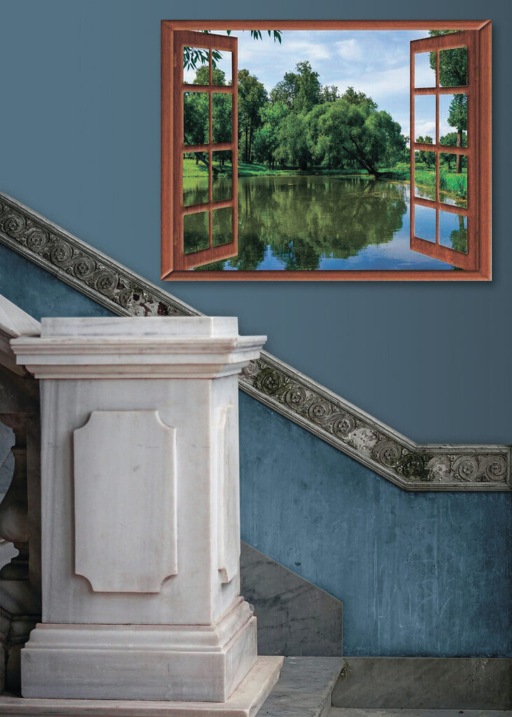 A window with a lake and trees A window with a lake and trees