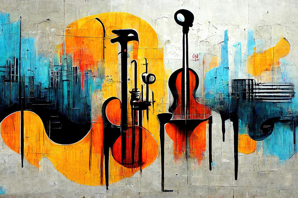 A painting of guitars and instruments