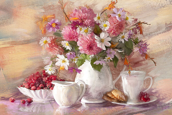 Une peinture de fleurs dans un vase et un bol de croissants Une peinture de fleurs dans un vase et un bol de croissants