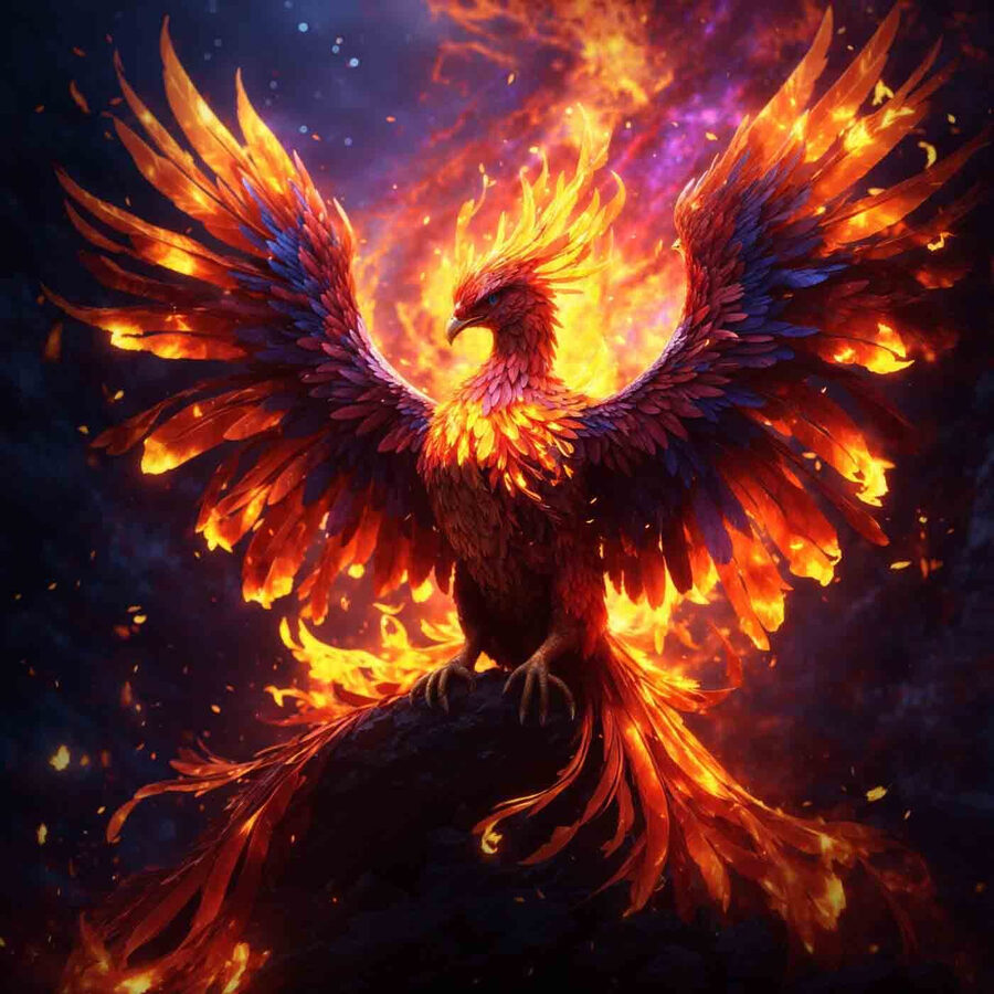 Un oiseau aux ailes déployées et des flammes en arrière-plan