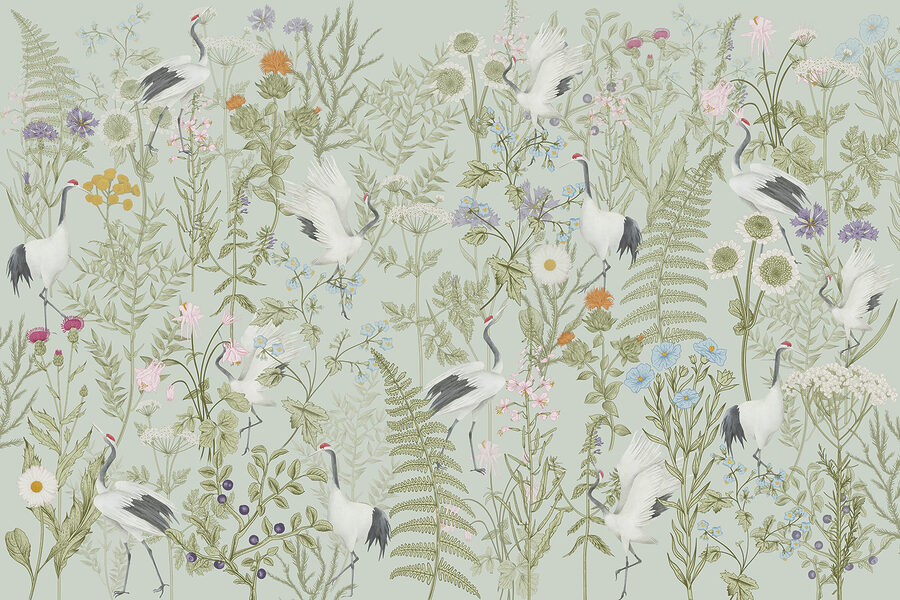 Un papier peint avec des oiseaux et des plantes