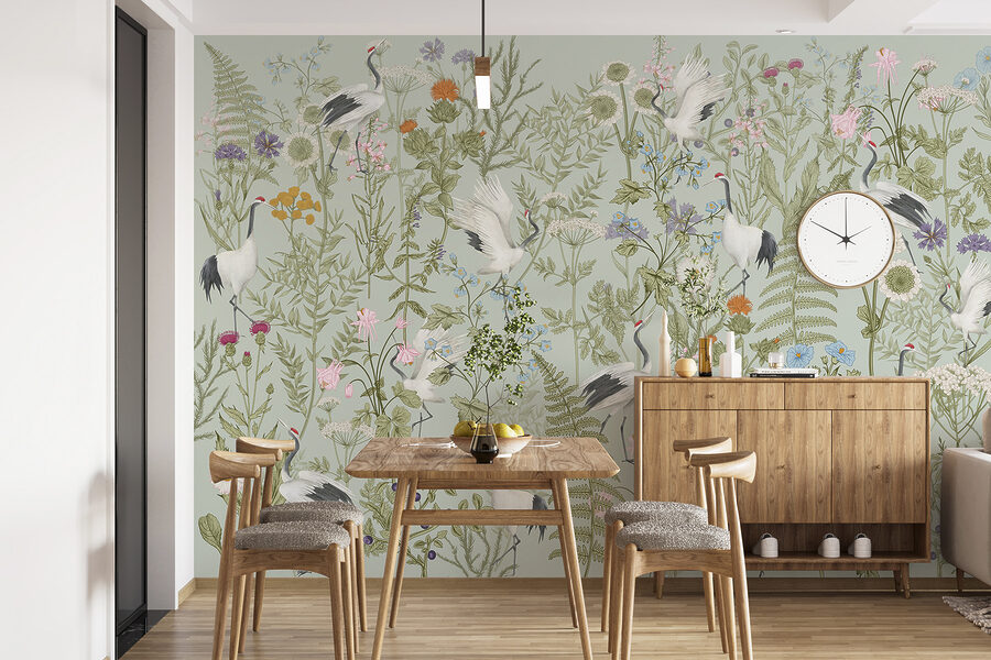 Un papier peint avec des oiseaux et des plantes