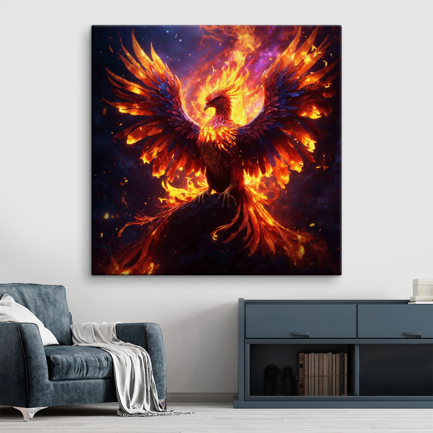 A bird with wings spread and flames in the background