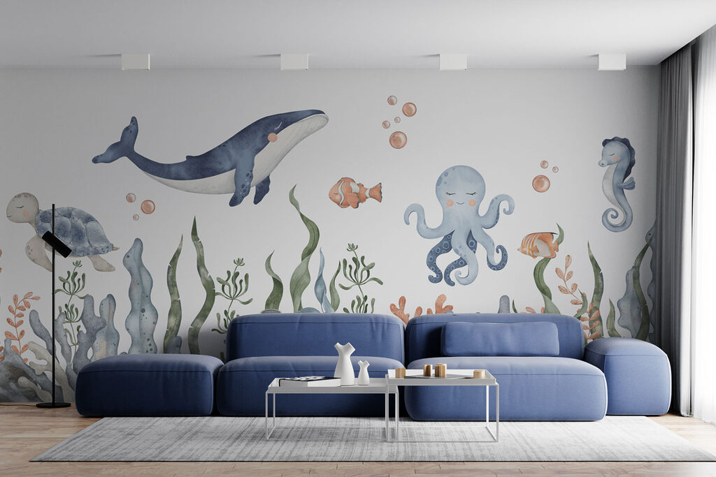 A whale and octopus under water