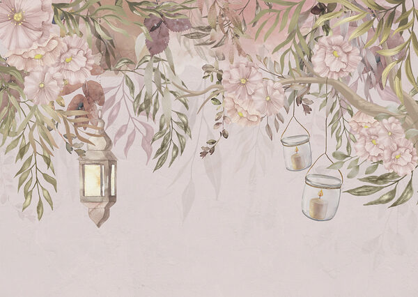 Peinture d'un arbre avec des fleurs et des lanternes Peinture d'un arbre avec des fleurs et des lanternes