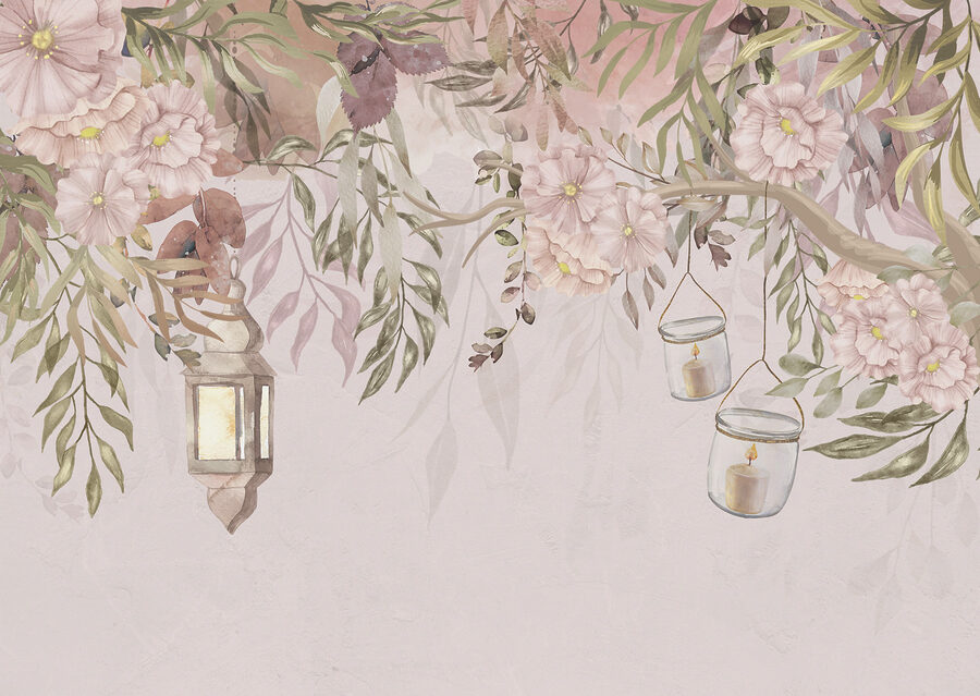 Peinture d'un arbre avec des fleurs et des lanternes