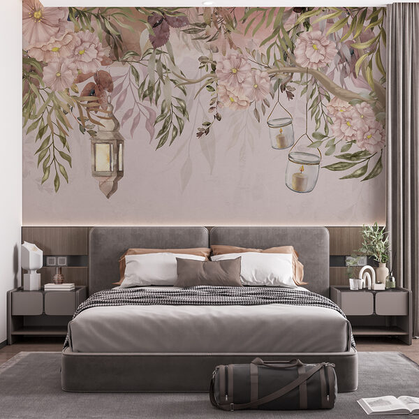Peinture d'un arbre avec des fleurs et des lanternes Peinture d'un arbre avec des fleurs et des lanternes