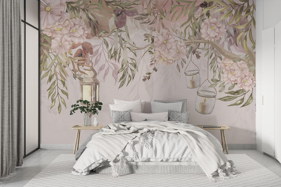 Peinture d'un arbre avec des fleurs et des lanternes