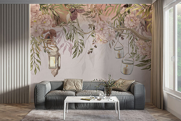 Peinture d'un arbre avec des fleurs et des lanternes Peinture d'un arbre avec des fleurs et des lanternes