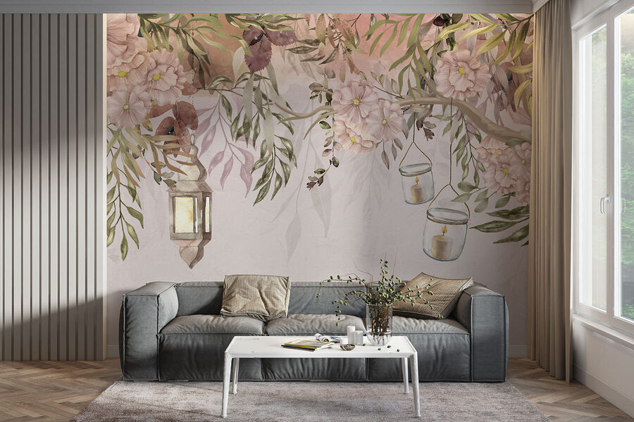 Peinture d'un arbre avec des fleurs et des lanternes