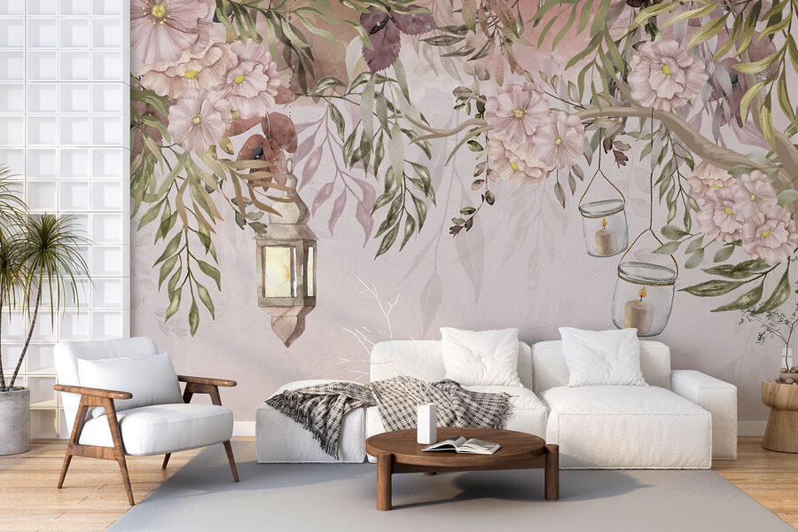 Peinture d'un arbre avec des fleurs et des lanternes