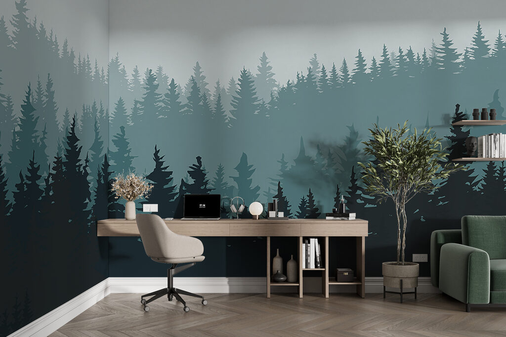 A forest of trees in the fog