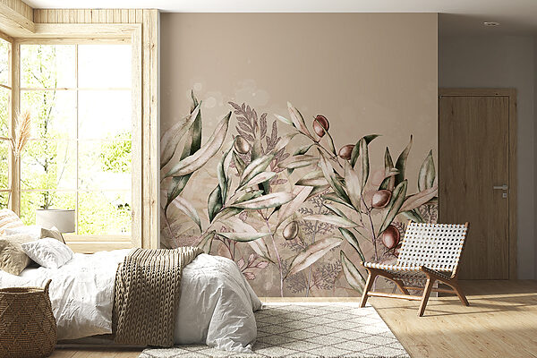 Une peinture de feuilles et de fruits Une peinture de feuilles et de fruits