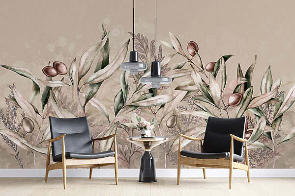 Une peinture de feuilles et de fruits Une peinture de feuilles et de fruits