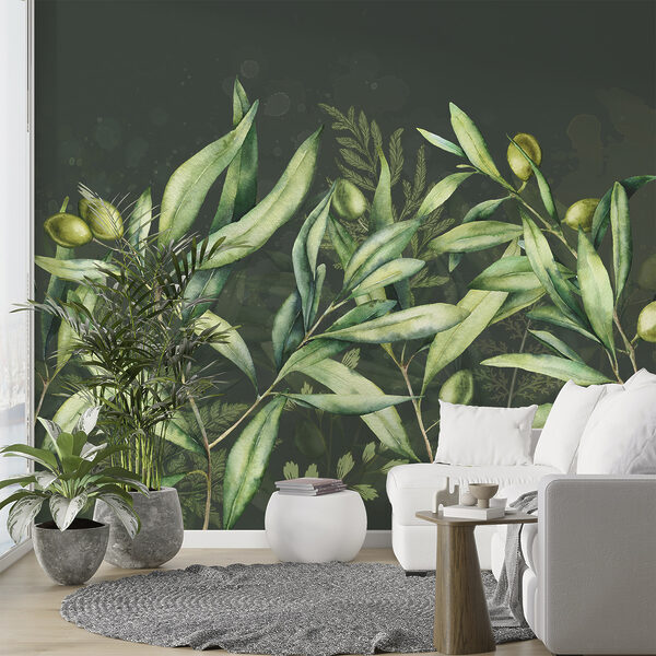 A painting of green leaves and fruits