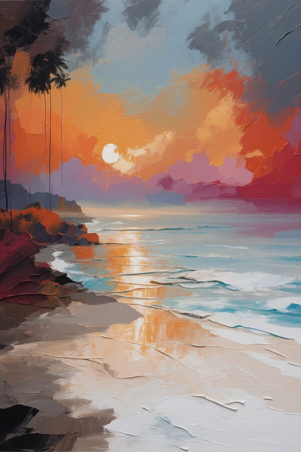 Peinture d'une plage avec des palmiers et un coucher de soleil Peinture d'une plage avec des palmiers et un coucher de soleil