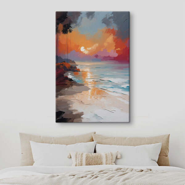 Peinture d'une plage avec des palmiers et un coucher de soleil Peinture d'une plage avec des palmiers et un coucher de soleil