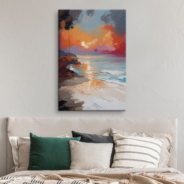 Peinture d'une plage avec des palmiers et un coucher de soleil Peinture d'une plage avec des palmiers et un coucher de soleil