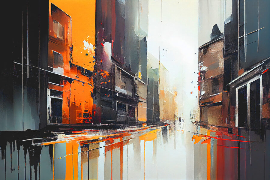 Peinture d'une rue avec des bâtiments Peinture d'une rue avec des bâtiments