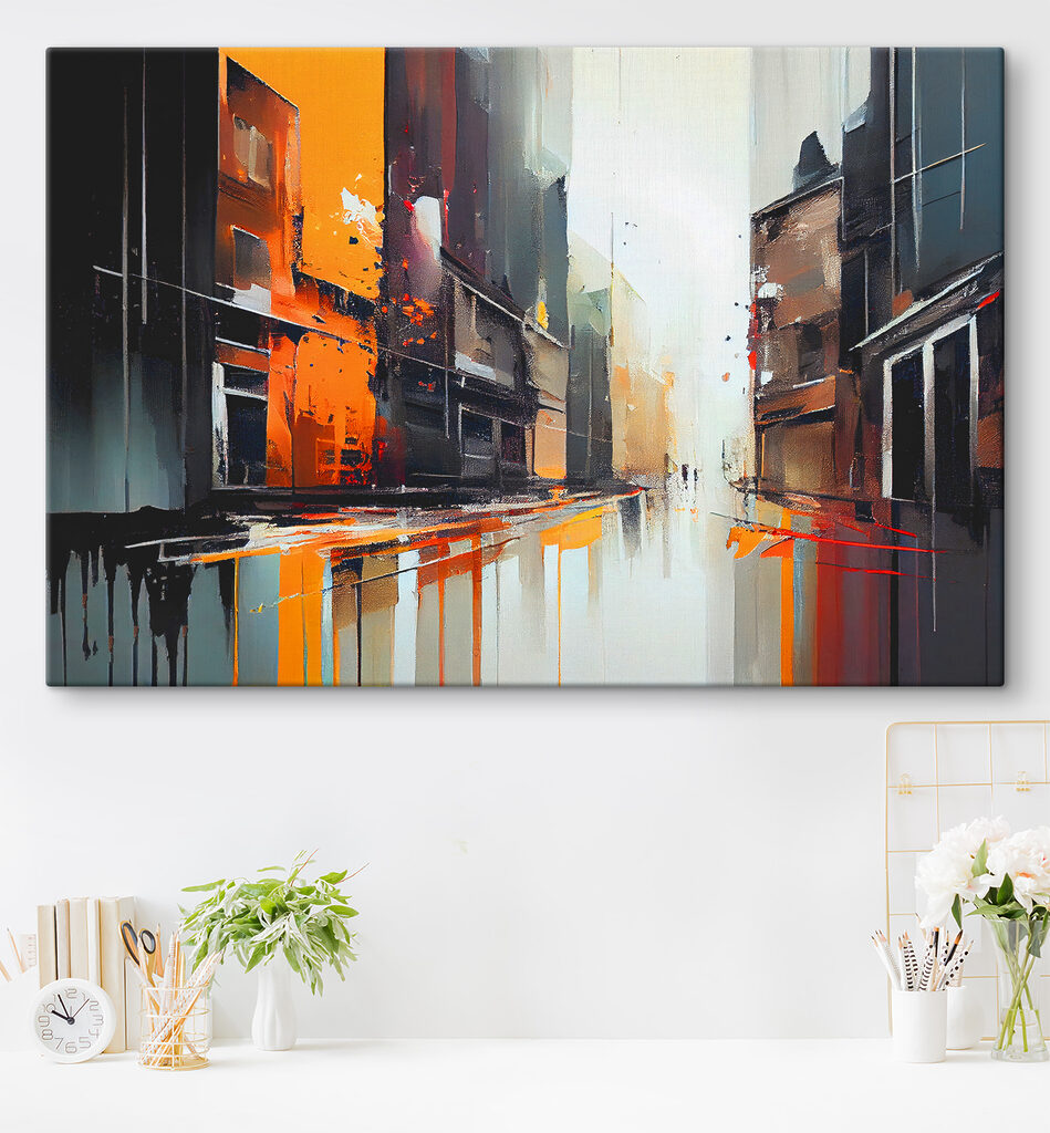 A painting of a street with buildings A painting of a street with buildings
