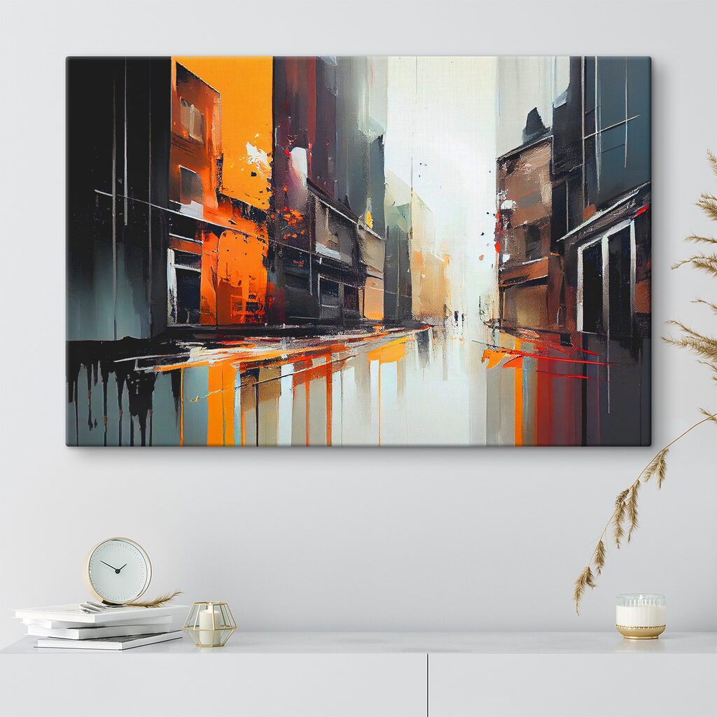 A painting of a street with buildings A painting of a street with buildings